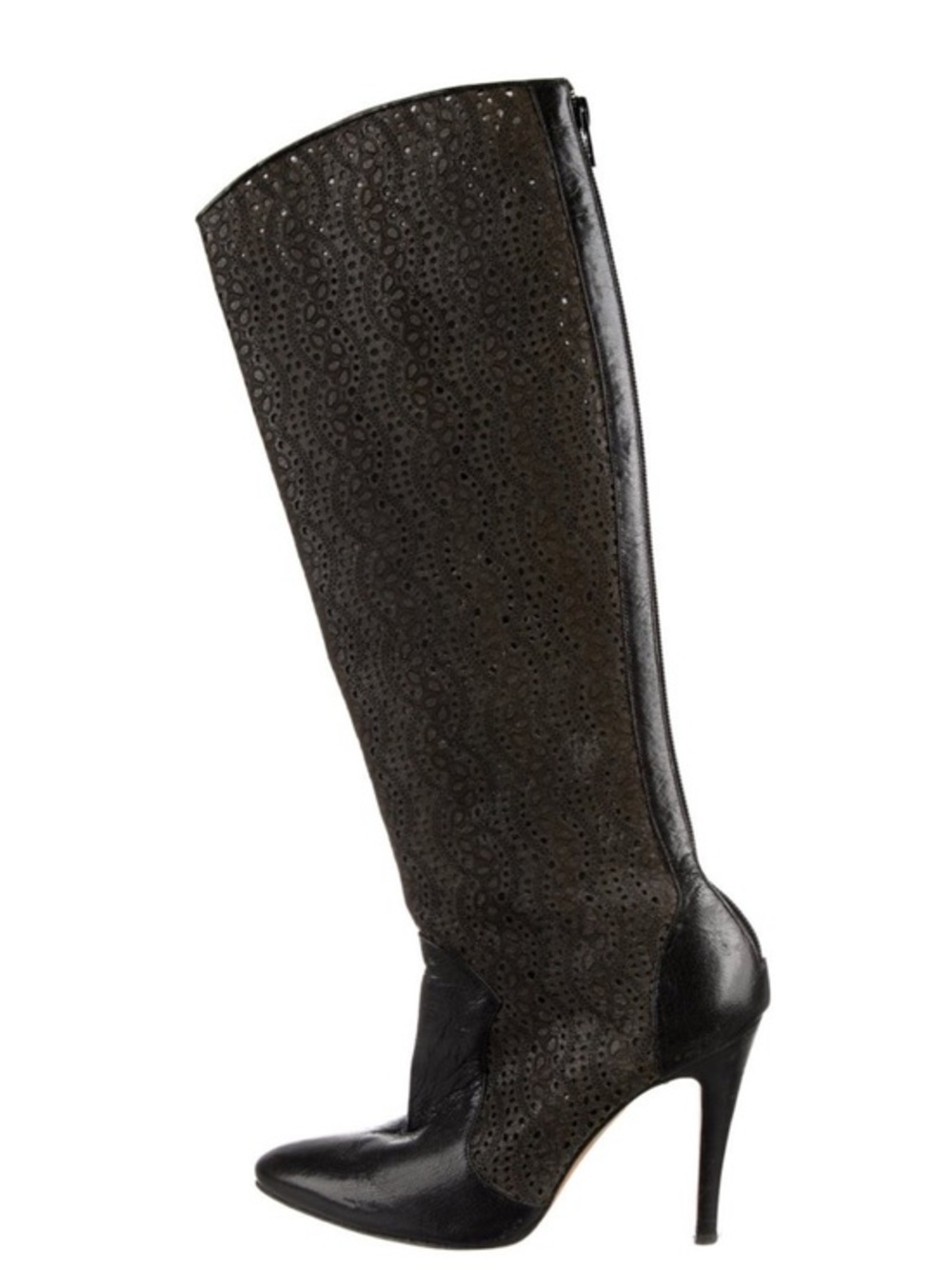 MANOLO BLAHNIK laser cut Tall Perforated Black Leather High Heel Boots 6.5
